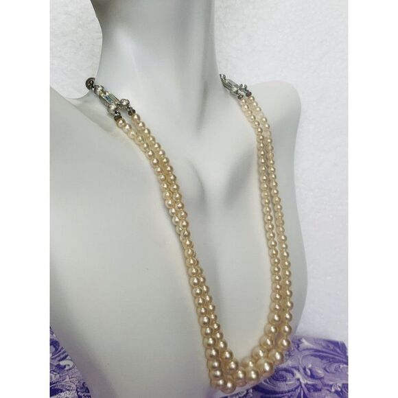 Vintage Oversized Beige Pearl Bead Double Strand Rhinestone Women’s Necklace - Picture 4 of 9